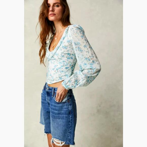 Free People Another Life Top White Combo Blue Floral Print L - Picture 4 of 16